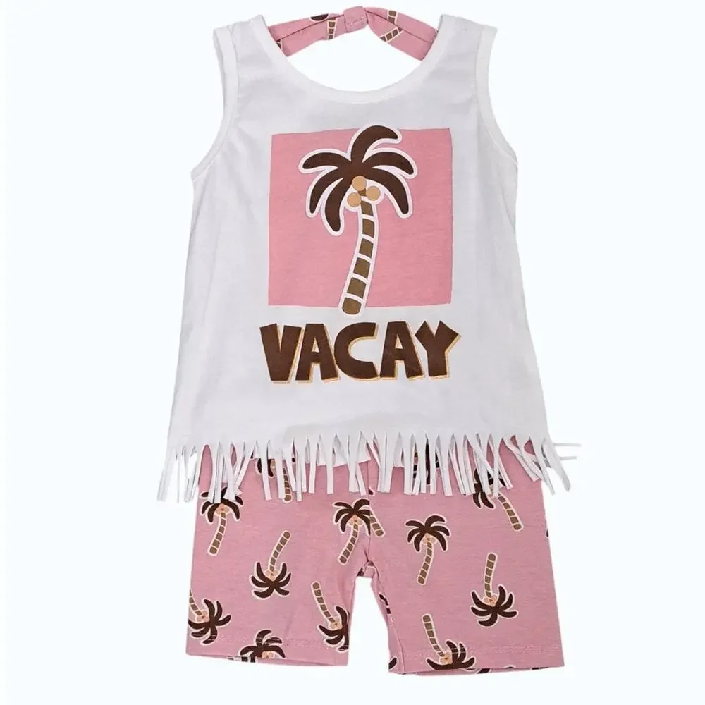 Girl's Pink White Vacay Palm Tree Graphic Fringed Top Shorts Set 2T NWOT
